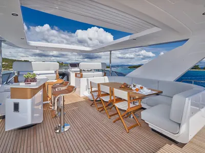 Cockpit of ALUMINIA TOO, a Azimut Grande 27 motor yacht at Grad Kaštela, Croatia