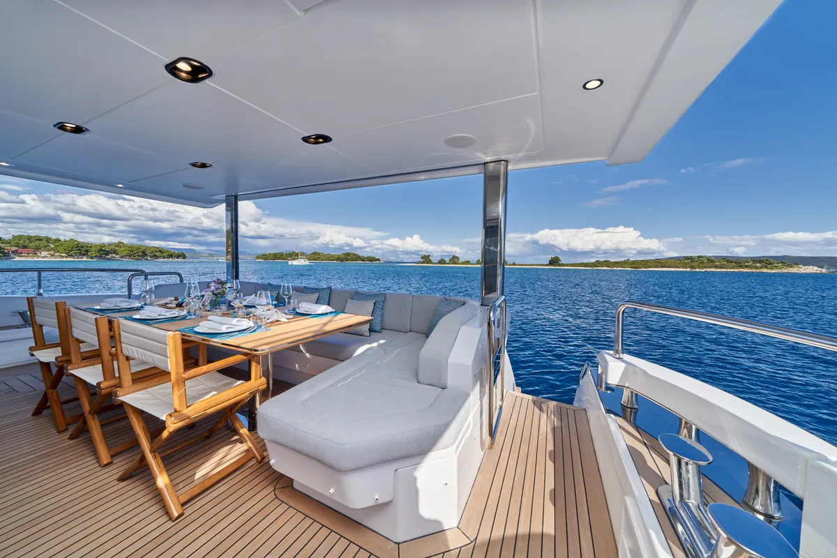 Deck of ALUMINIA TOO, a Azimut Grande 27 motor yacht at Grad Kaštela, Croatia