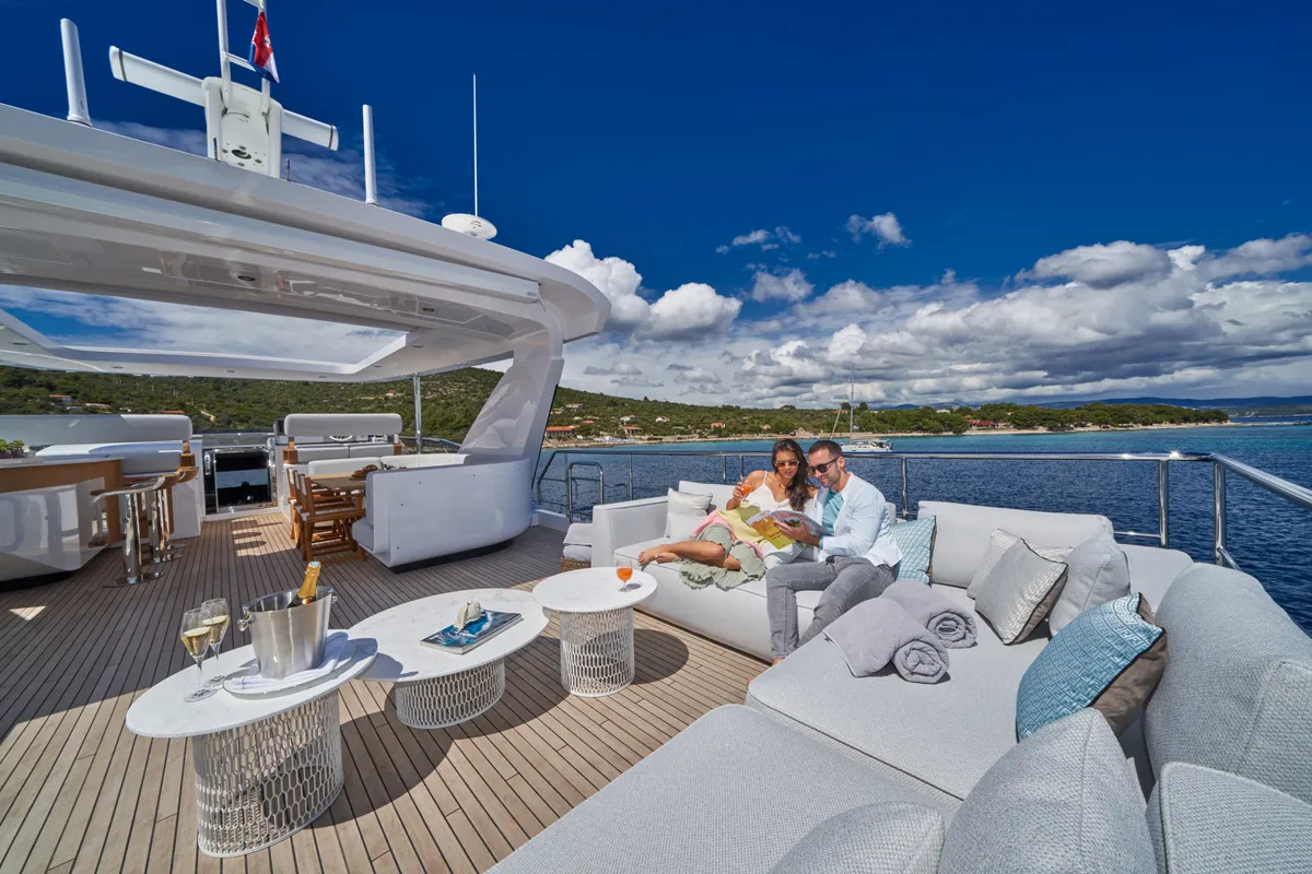 Deck of ALUMINIA TOO, a Azimut Grande 27 motor yacht at Grad Kaštela, Croatia