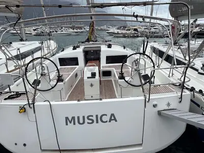Cockpit of Musica, a Jeanneau Sun Odyssey 440 sailboat at Castellammare di Stabia, Italy