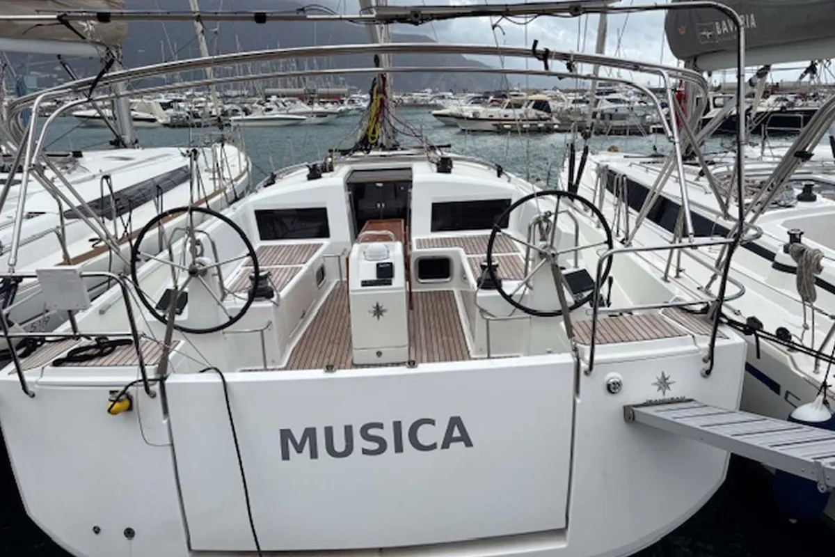 Cockpit of Musica, a Jeanneau Sun Odyssey 440 sailboat at Castellammare di Stabia, Italy