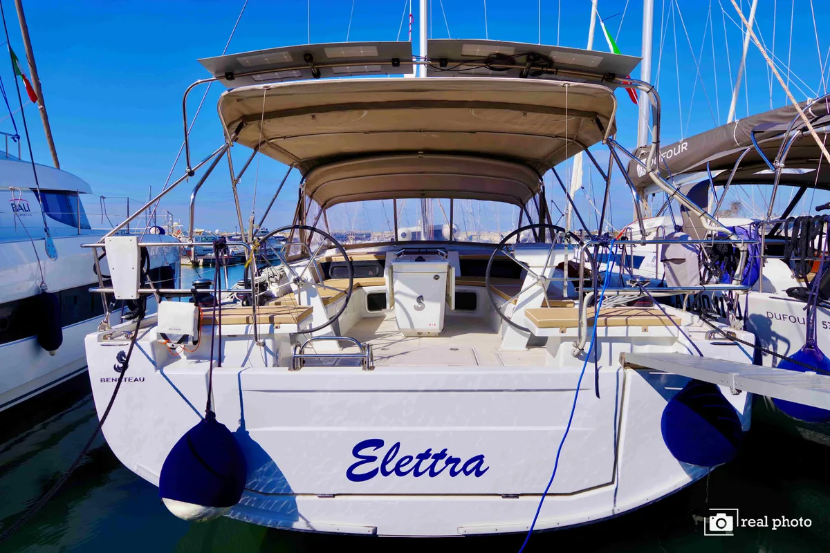 Cockpit of Elettra, a Beneteau Oceanis 51.1 sailboat at Castellammare di Stabia, Italy