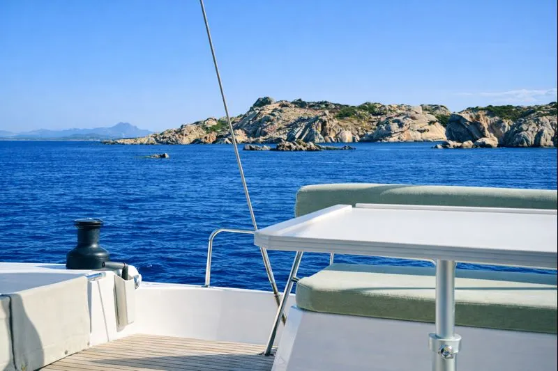 Deck of Rendez vous, a Bali 4.6 catamaran at Olbia, Italy