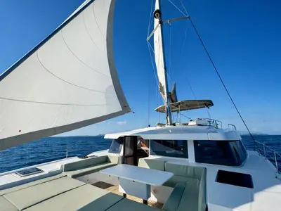 Deck of Rendez vous, a Bali 4.6 catamaran at Olbia, Italy