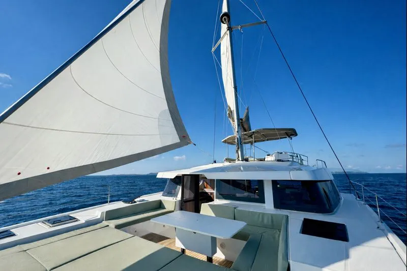 Deck of Rendez vous, a Bali 4.6 catamaran at Olbia, Italy
