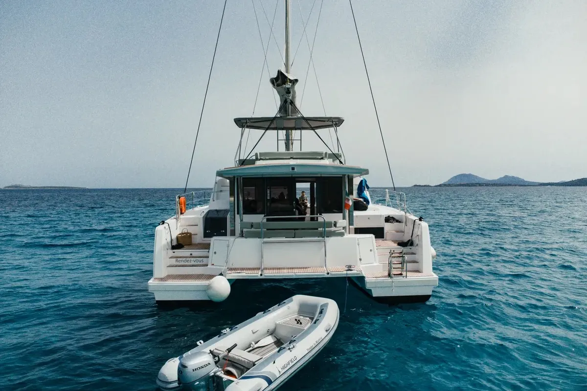 Exterior view of Rendez vous, a Bali 4.6 catamaran at Olbia, Italy