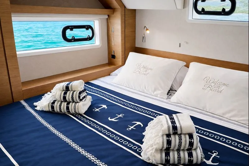 Cabin on Rendez vous, a Bali 4.6 catamaran at Olbia, Italy