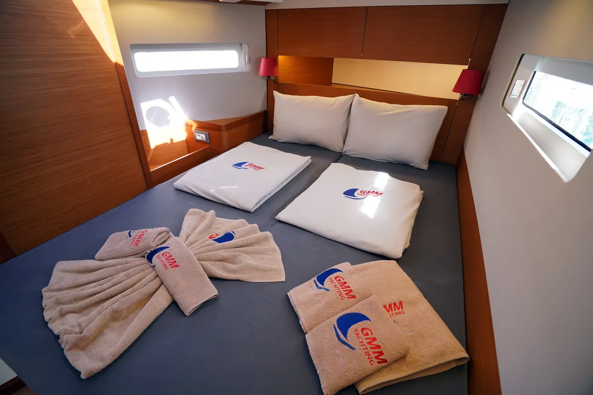 Cabin on Free Me, a Jeanneau Sun Odyssey 410 sailboat at Rhodes, Greece