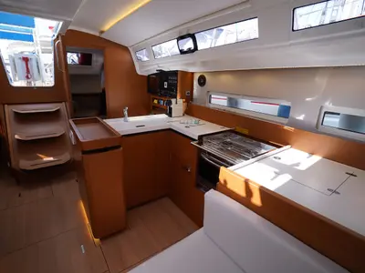 Galley of Free Me, a Jeanneau Sun Odyssey 410 sailboat at Rhodes, Greece