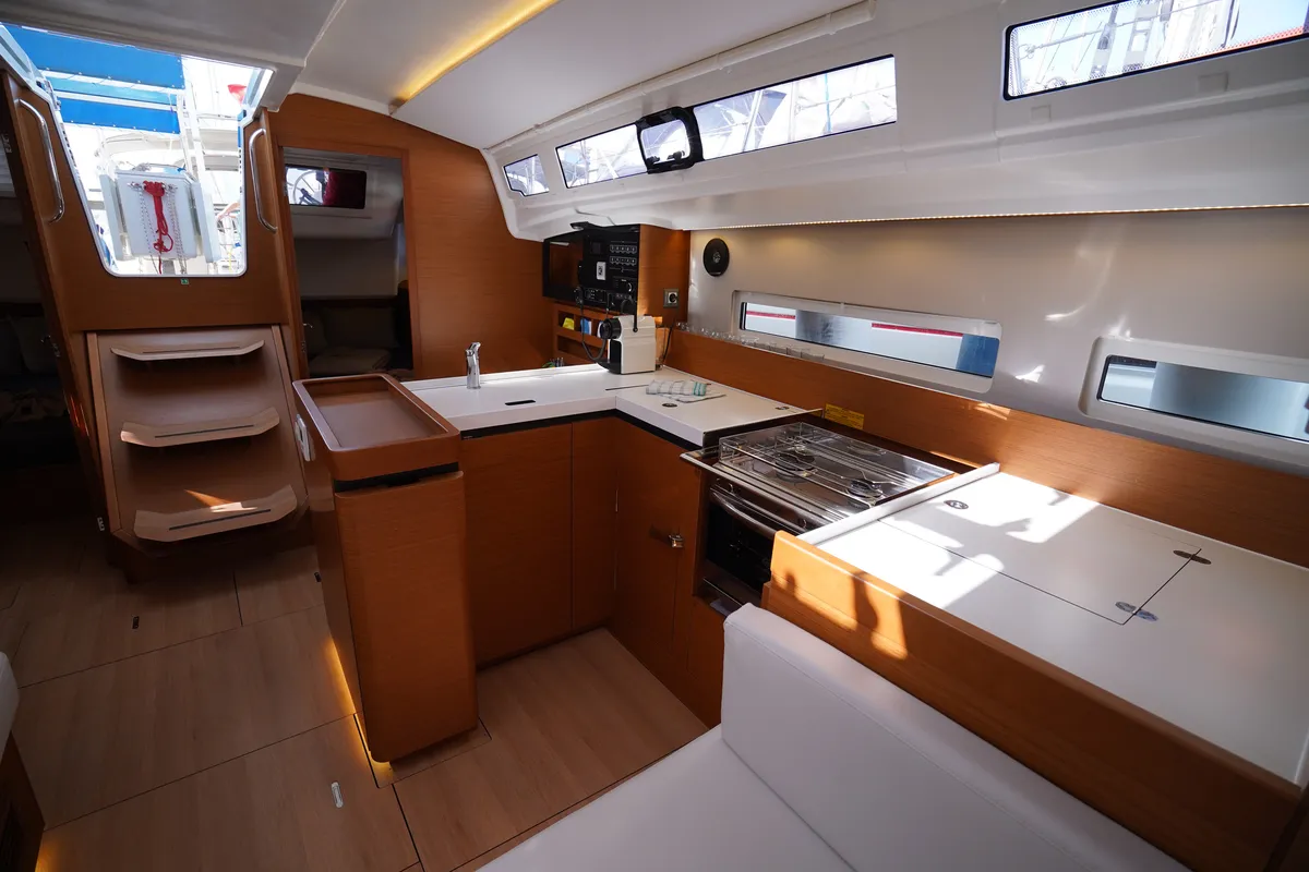 Galley of Free Me, a Jeanneau Sun Odyssey 410 sailboat at Rhodes, Greece