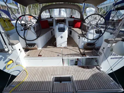 Cockpit of Free Me, a Jeanneau Sun Odyssey 410 sailboat at Rhodes, Greece