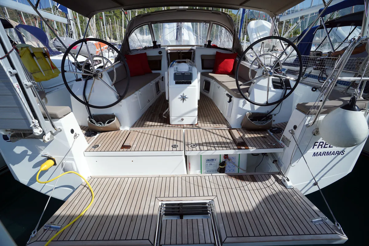 Cockpit of Free Me, a Jeanneau Sun Odyssey 410 sailboat at Rhodes, Greece
