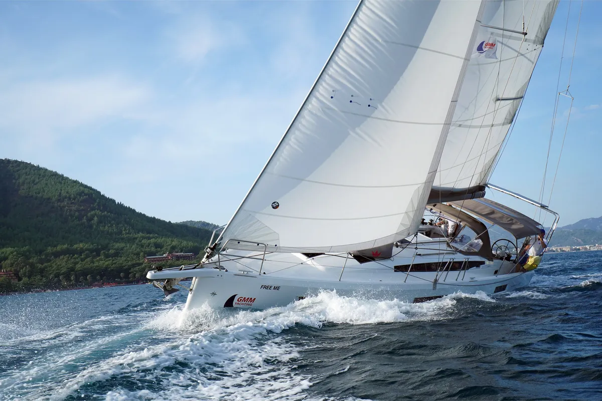 Exterior view of Free Me, a Jeanneau Sun Odyssey 410 sailboat at Rhodes, Greece