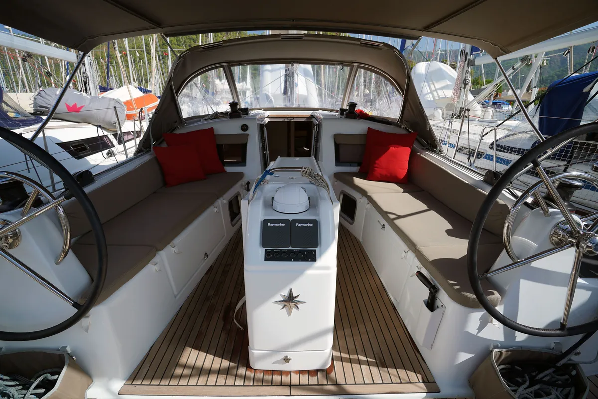 Cockpit of Free Me, a Jeanneau Sun Odyssey 410 sailboat at Rhodes, Greece