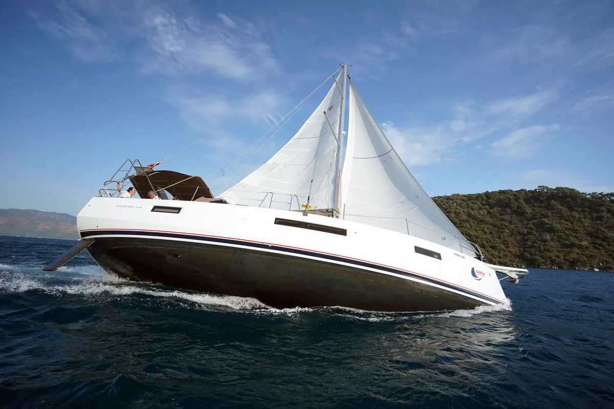 Exterior view of Free Me, a Jeanneau Sun Odyssey 410 sailboat at Rhodes, Greece
