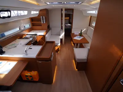 Salon of Free Me, a Jeanneau Sun Odyssey 410 sailboat at Rhodes, Greece