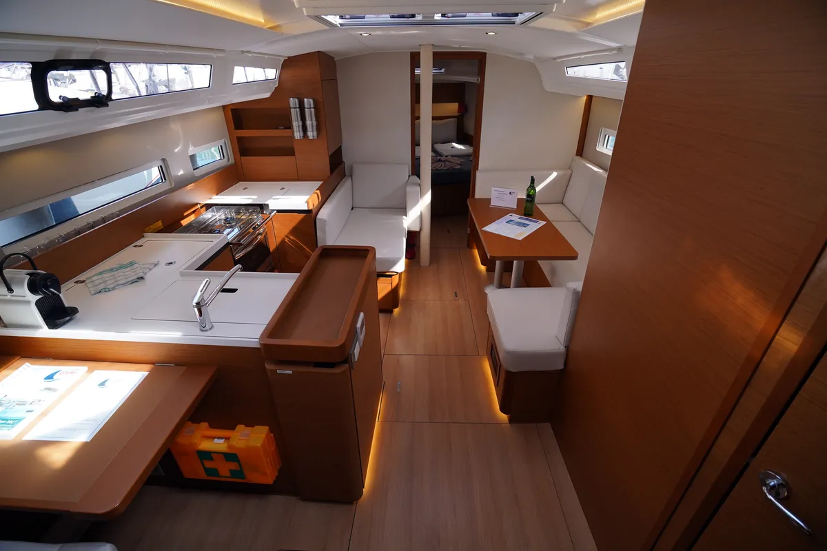 Salon of Free Me, a Jeanneau Sun Odyssey 410 sailboat at Rhodes, Greece