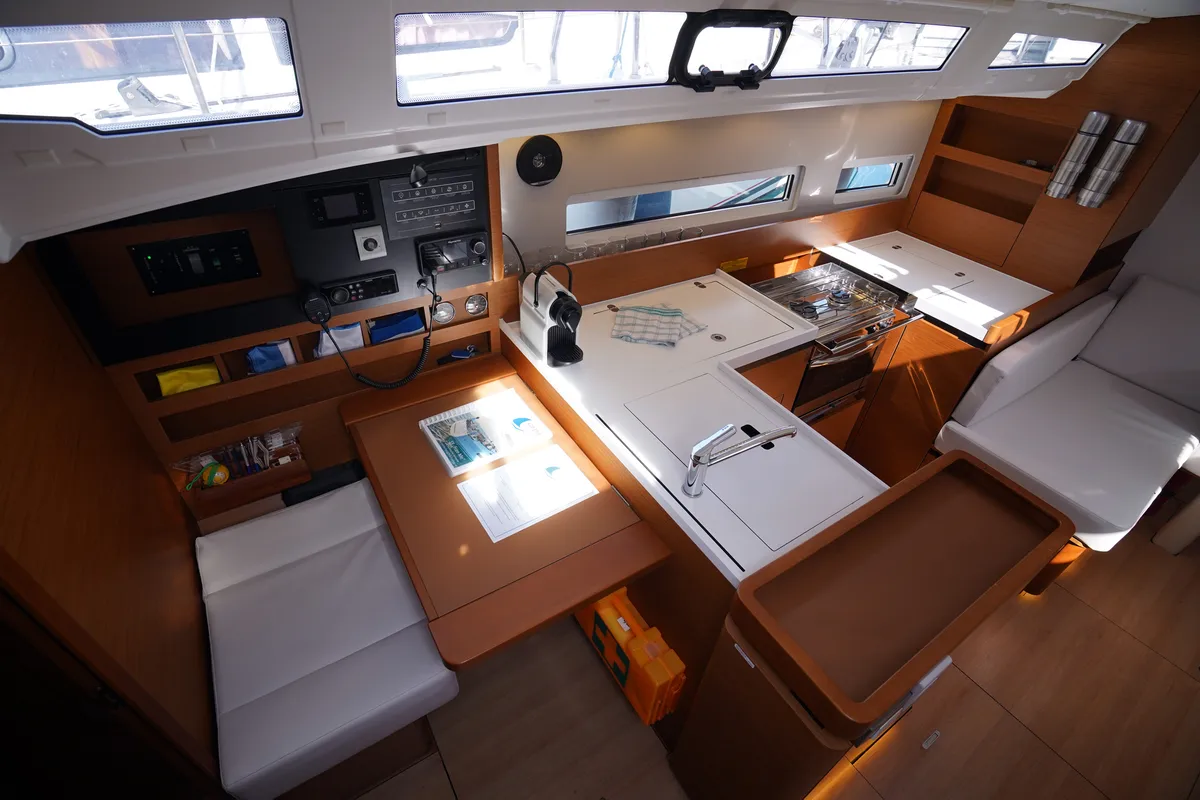Galley of Free Me, a Jeanneau Sun Odyssey 410 sailboat at Rhodes, Greece