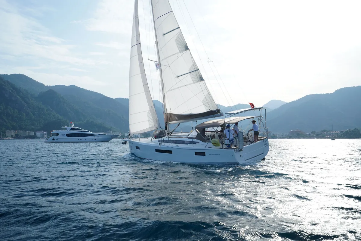Exterior view of Free Me, a Jeanneau Sun Odyssey 410 sailboat at Rhodes, Greece