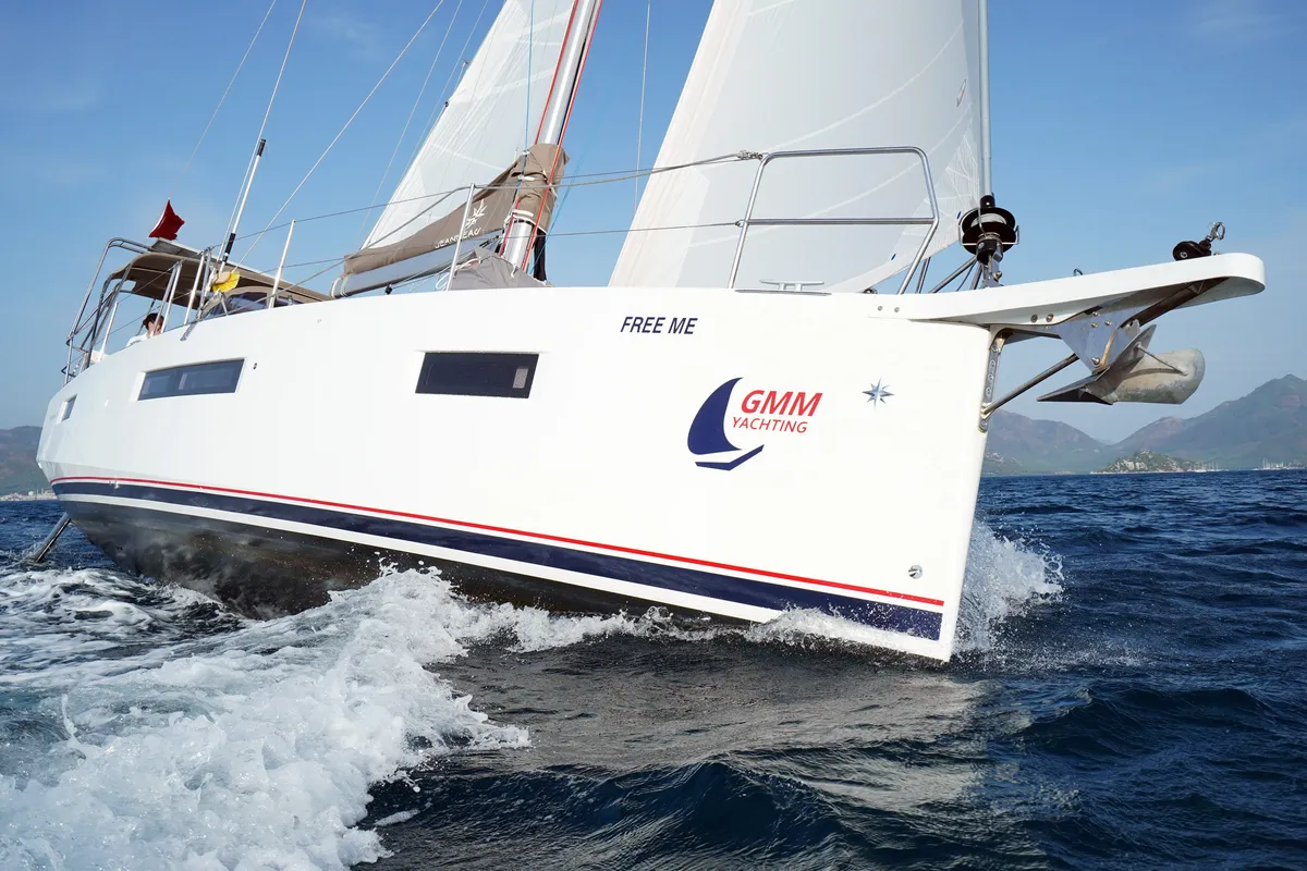 Exterior view of Free Me, a Jeanneau Sun Odyssey 410 sailboat at Rhodes, Greece