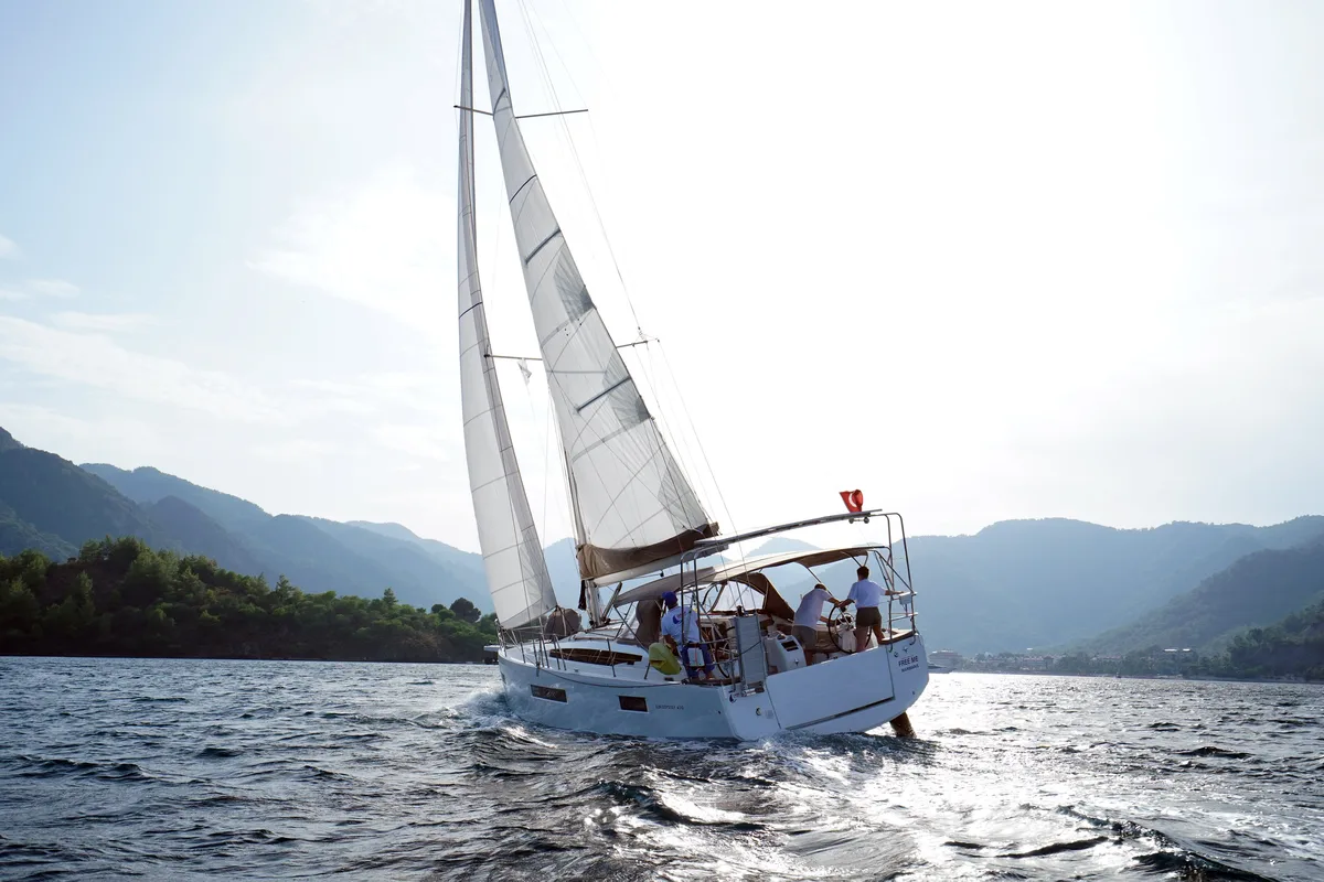 Exterior view of Free Me, a Jeanneau Sun Odyssey 410 sailboat at Rhodes, Greece