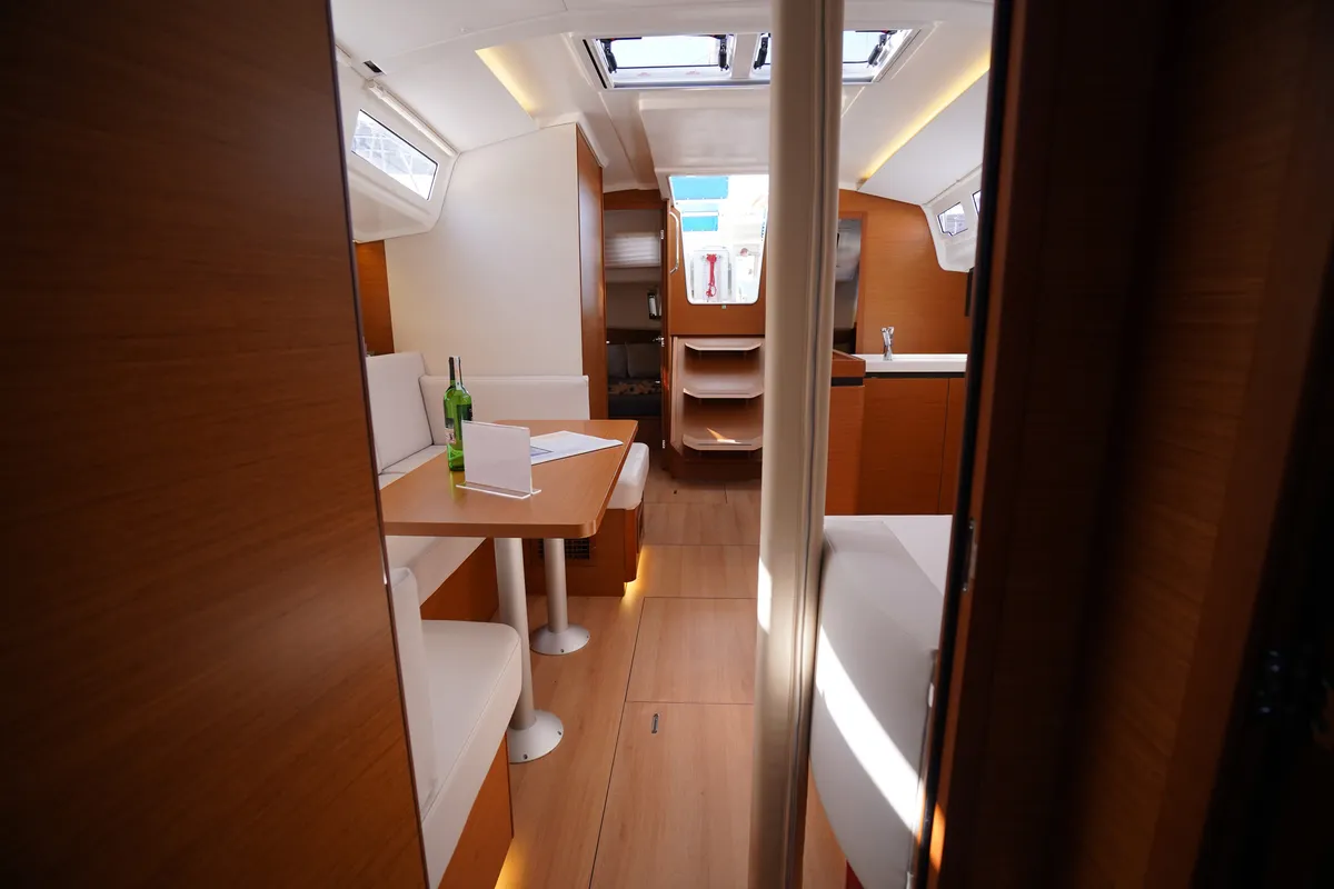 Salon of Free Me, a Jeanneau Sun Odyssey 410 sailboat at Rhodes, Greece