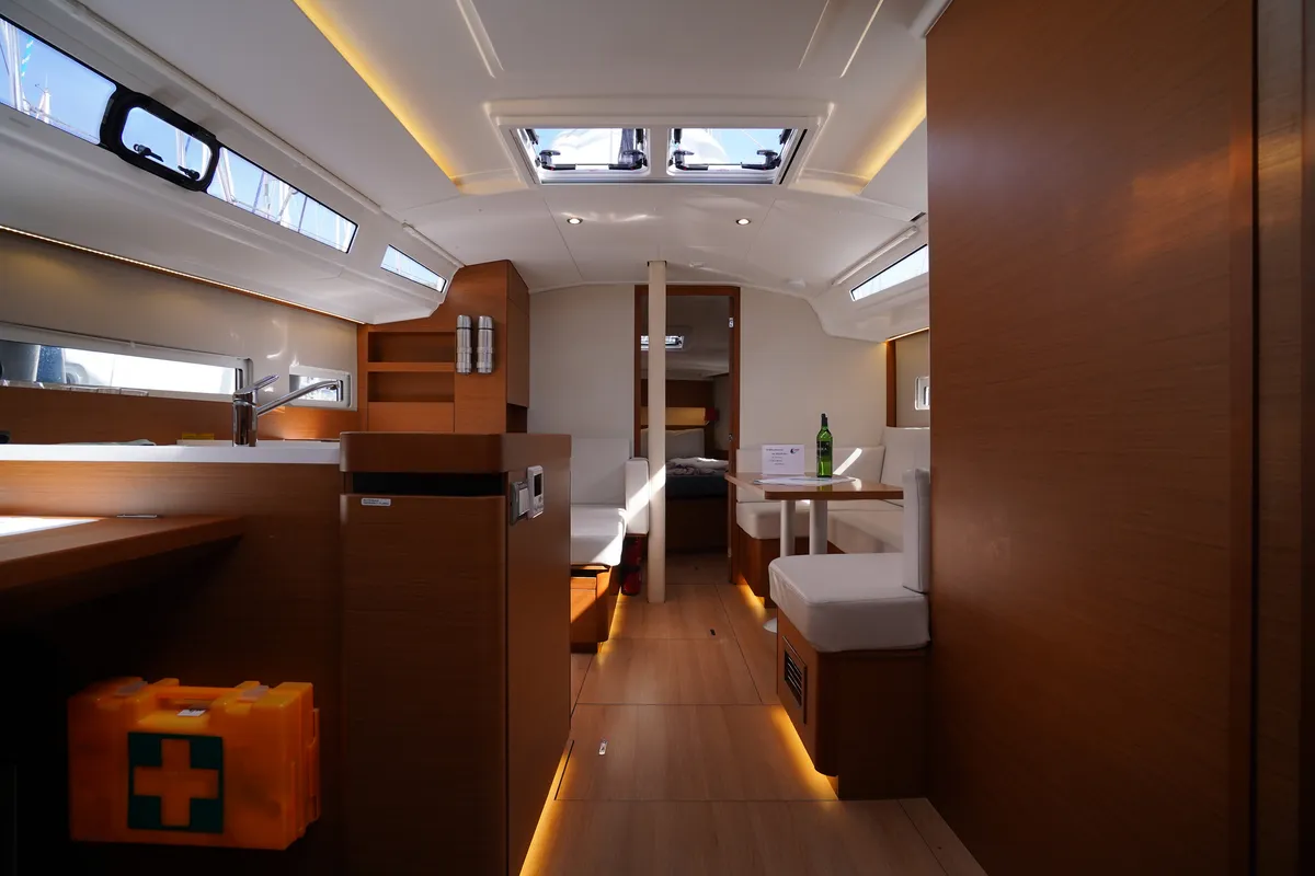 Salon of Free Me, a Jeanneau Sun Odyssey 410 sailboat at Rhodes, Greece
