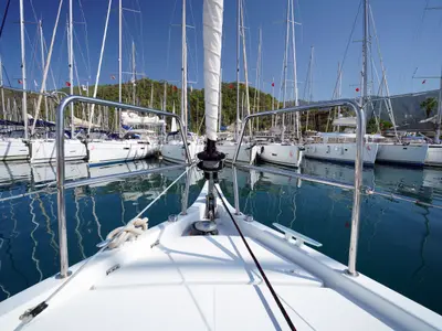 Deck of Free Me, a Jeanneau Sun Odyssey 410 sailboat at Rhodes, Greece