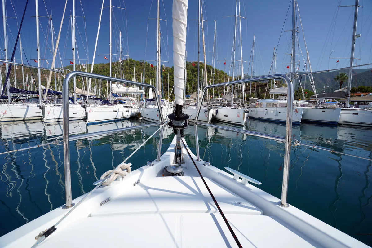 Deck of Free Me, a Jeanneau Sun Odyssey 410 sailboat at Rhodes, Greece