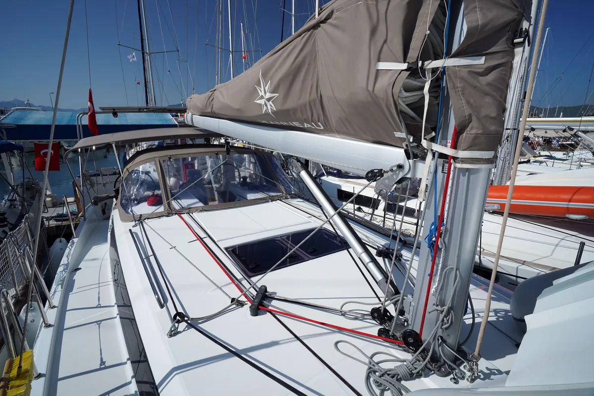 Deck of Free Me, a Jeanneau Sun Odyssey 410 sailboat at Rhodes, Greece