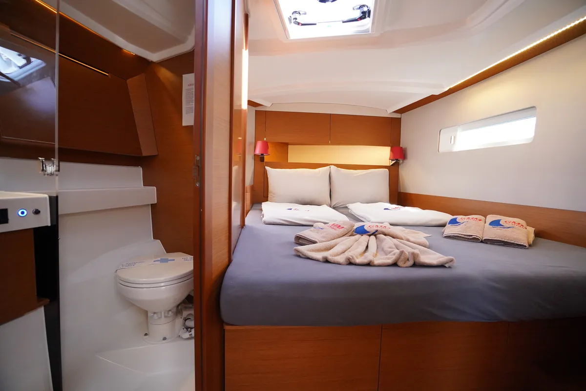 Cabin on Free Me, a Jeanneau Sun Odyssey 410 sailboat at Rhodes, Greece