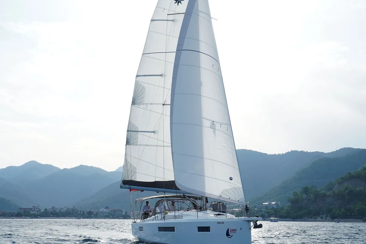 Exterior view of Free Me, a Jeanneau Sun Odyssey 410 sailboat at Rhodes, Greece