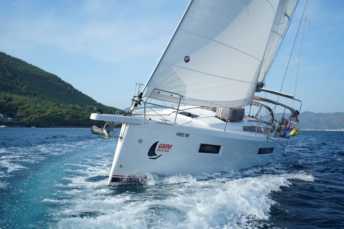 Exterior view of Free Me, a Jeanneau Sun Odyssey 410 sailboat at Rhodes, Greece