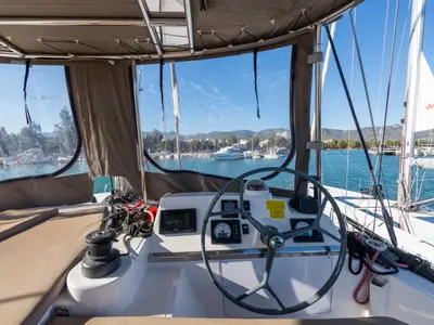 Cockpit of Ramon, a Bali 4.1 catamaran at Municipal Unit of Lefkada, Greece
