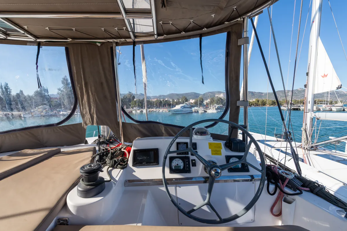 Cockpit of Ramon, a Bali 4.1 catamaran at Municipal Unit of Lefkada, Greece