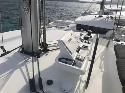 Cockpit of Baten Kaitos II, a Lagoon 50 catamaran at Salerno, Italy