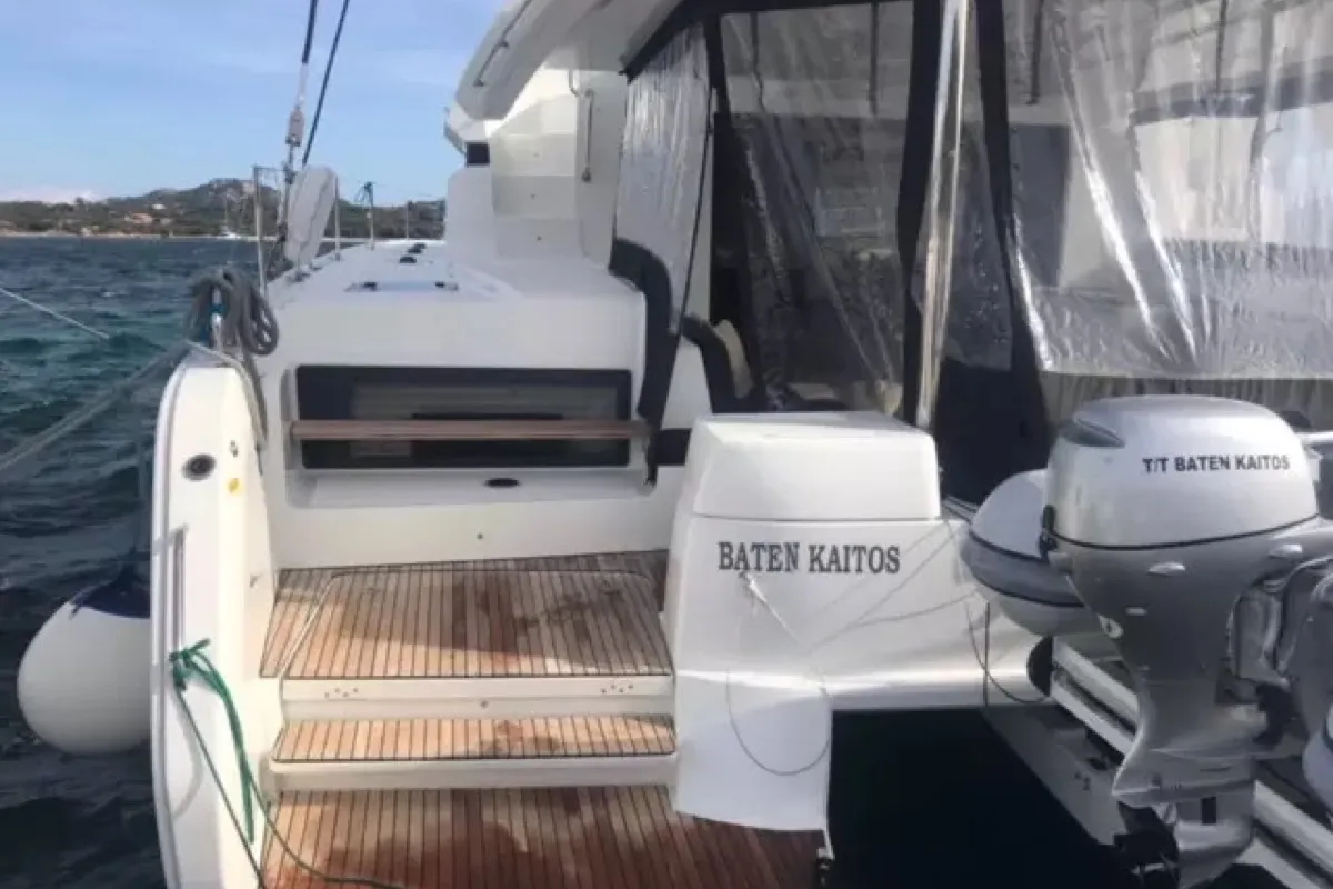 Exterior view of Baten Kaitos II, a Lagoon 50 catamaran at Salerno, Italy