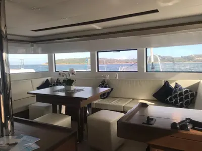 Salon of Baten Kaitos II, a Lagoon 50 catamaran at Salerno, Italy