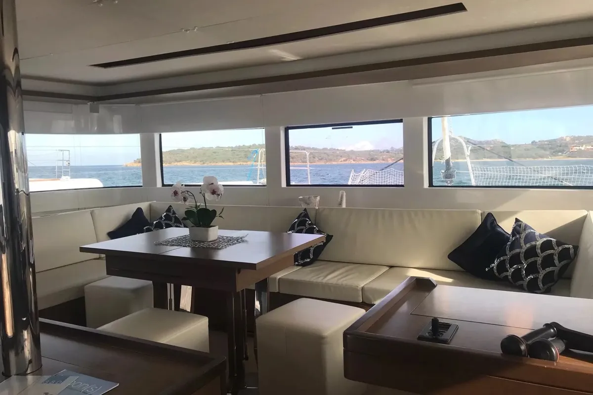 Salon of Baten Kaitos II, a Lagoon 50 catamaran at Salerno, Italy