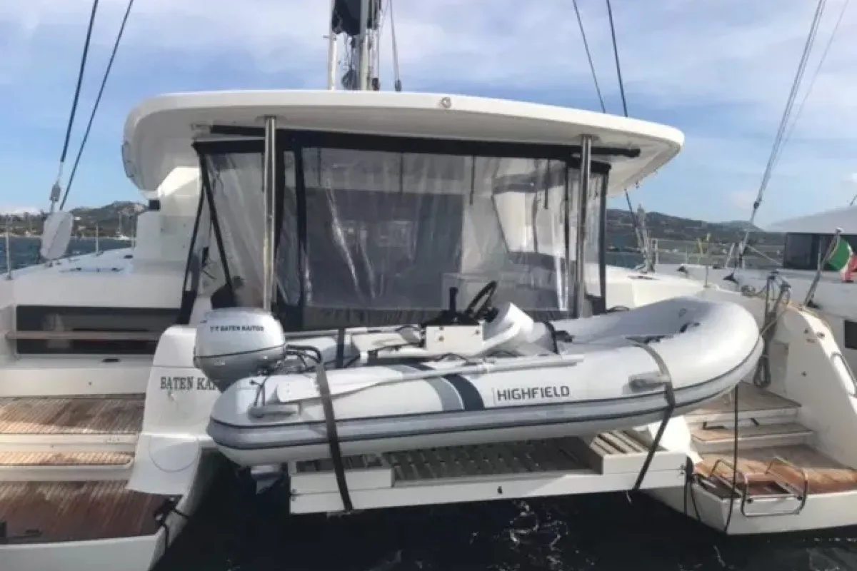 Exterior view of Baten Kaitos II, a Lagoon 50 catamaran at Salerno, Italy