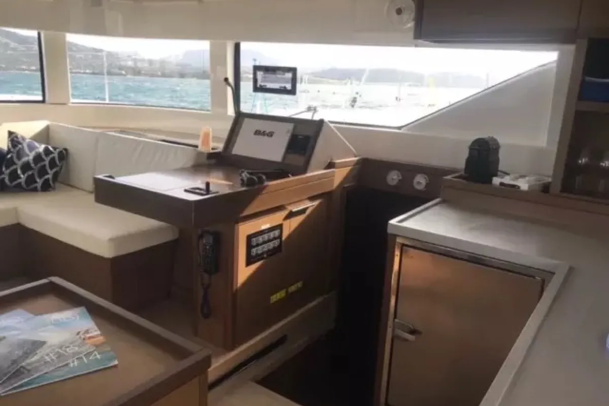 Cockpit of Baten Kaitos II, a Lagoon 50 catamaran at Salerno, Italy