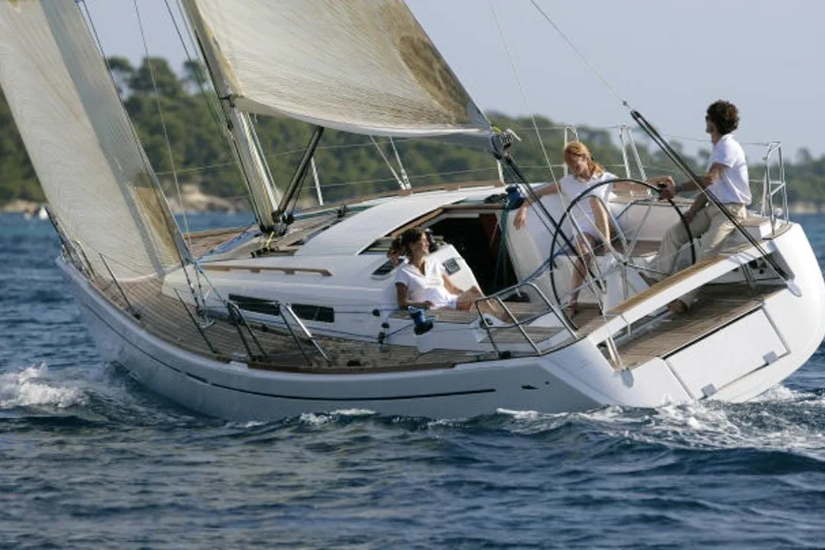 Exterior view of Bonchamps, a Dufour 34 sailboat at La Rochelle, France