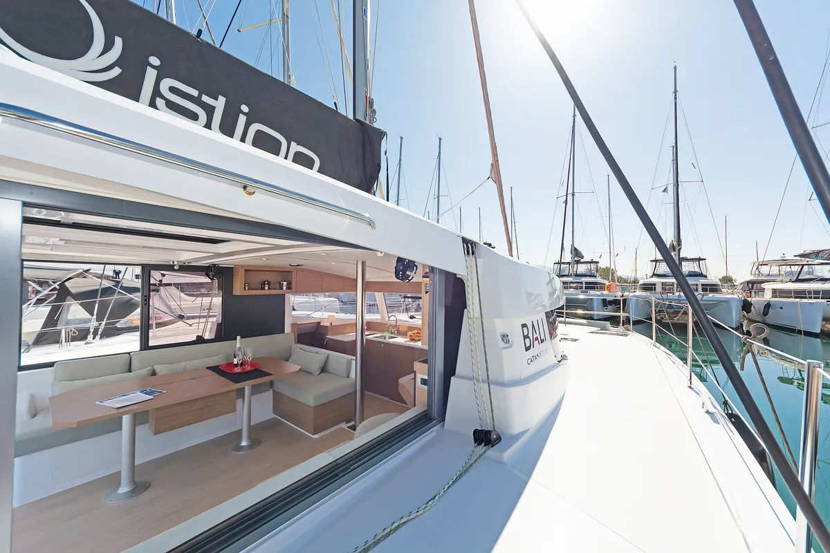 Deck of One Love, a Bali Catsmart catamaran at Volos, Greece