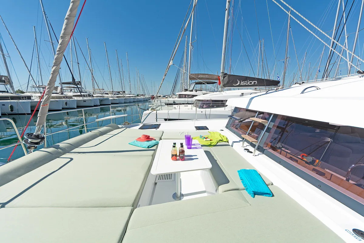 Deck of One Love, a Bali Catsmart catamaran at Volos, Greece