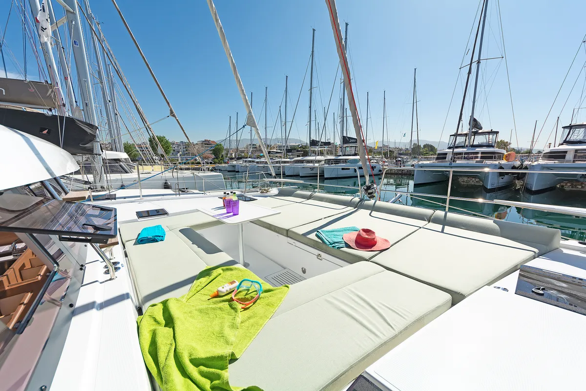 Deck of One Love, a Bali Catsmart catamaran at Volos, Greece