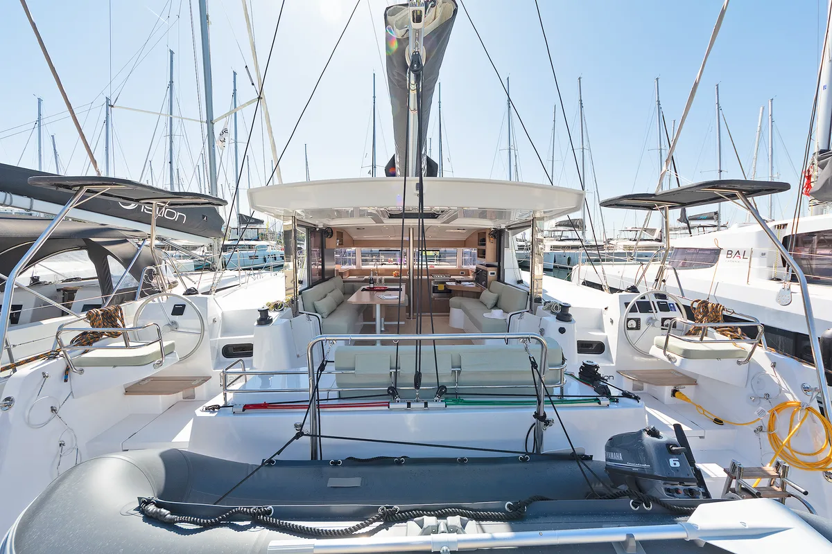 Deck of One Love, a Bali Catsmart catamaran at Volos, Greece