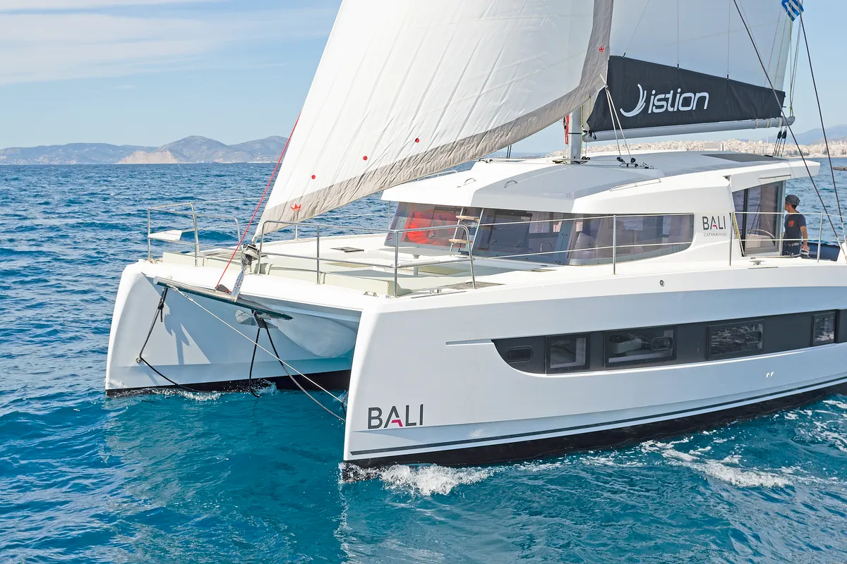 Exterior view of One Love, a Bali Catsmart catamaran at Volos, Greece