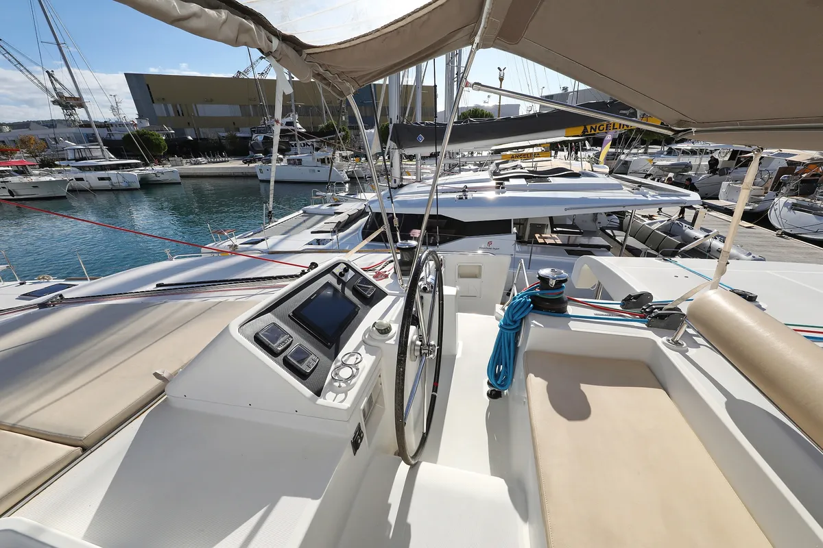 Cockpit of Simply The Best, a Lagoon 450 catamaran at Grad Trogir, Croatia