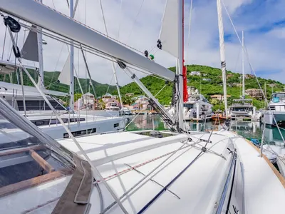 Deck of Minx, a Jeanneau Sun Odyssey 349 sailboat at Road Town, British Virgin Islands