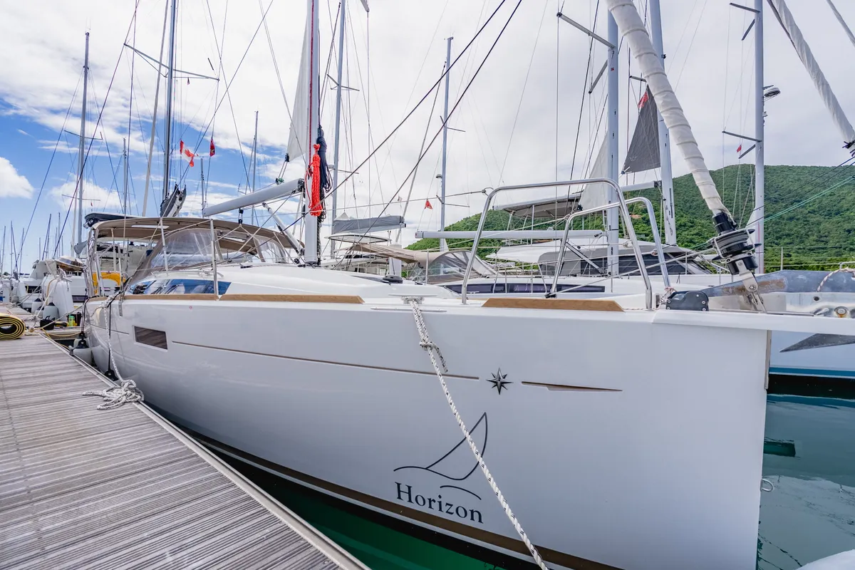 Exterior view of Minx, a Jeanneau Sun Odyssey 349 sailboat at Road Town, British Virgin Islands